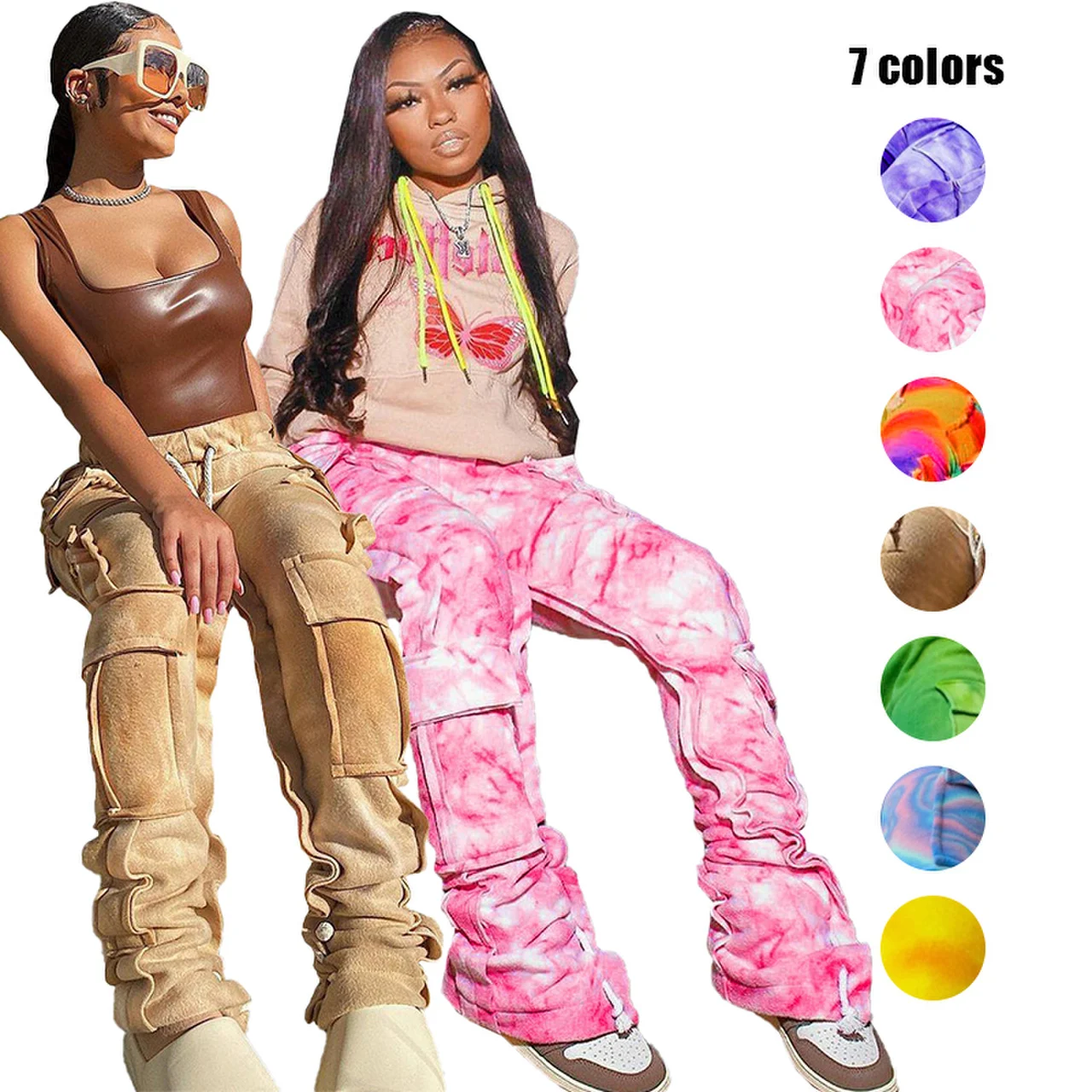 

New Neon Print Camouflage Drawstring Flare Joggers Sweatpants Stacked Cargo Sweat Pants With Side Pocket Women Stacked Pants, Picture