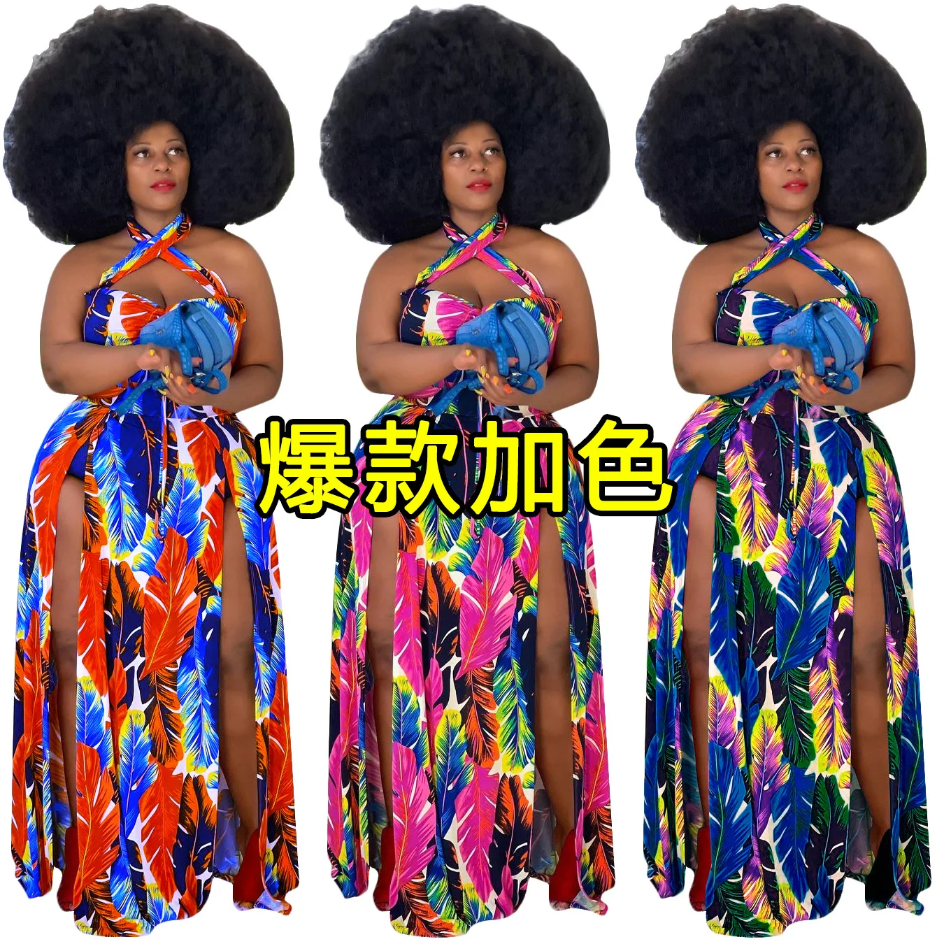 

KX-P5075 2021 New fashion best selling polyester spring 2xl-5xl floral printing halter silt plus size