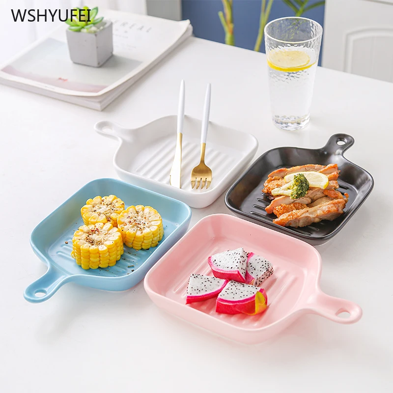 

P1213 Ceramic European thickened dinner steak plate kitchen board microwave tableware single handle baking pans, Colors