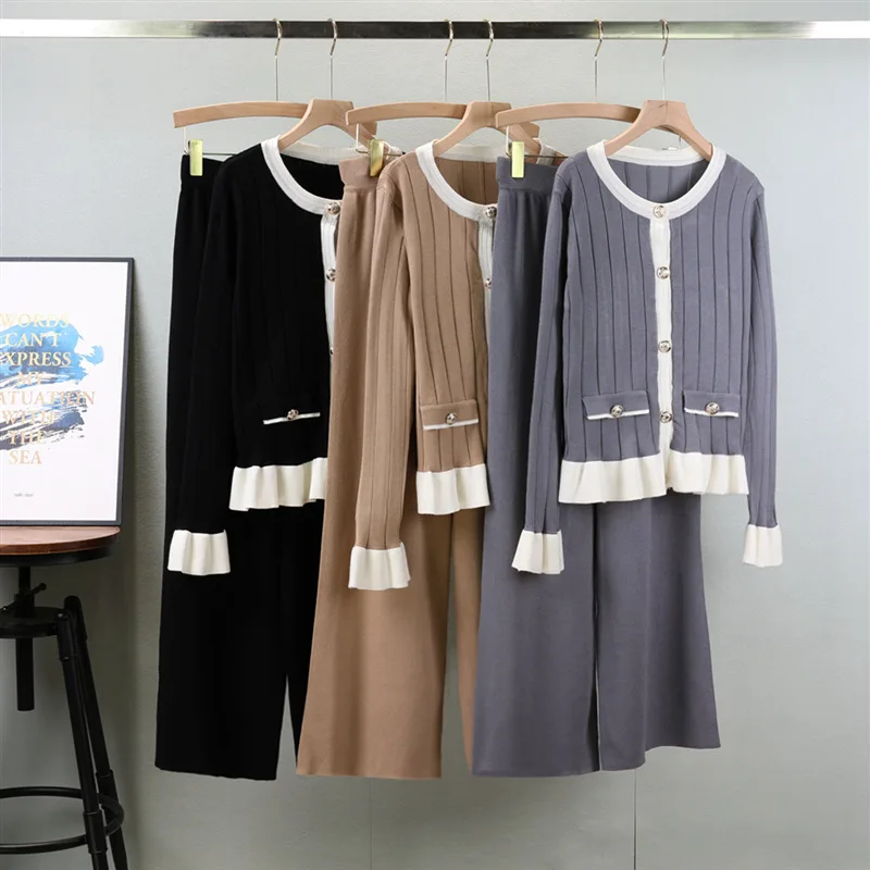 Boutique Wholesale 2026 Autumn New Long Sleeved Knitted Cardigan Fashion Wide Leg Pants Temperament Women's Set