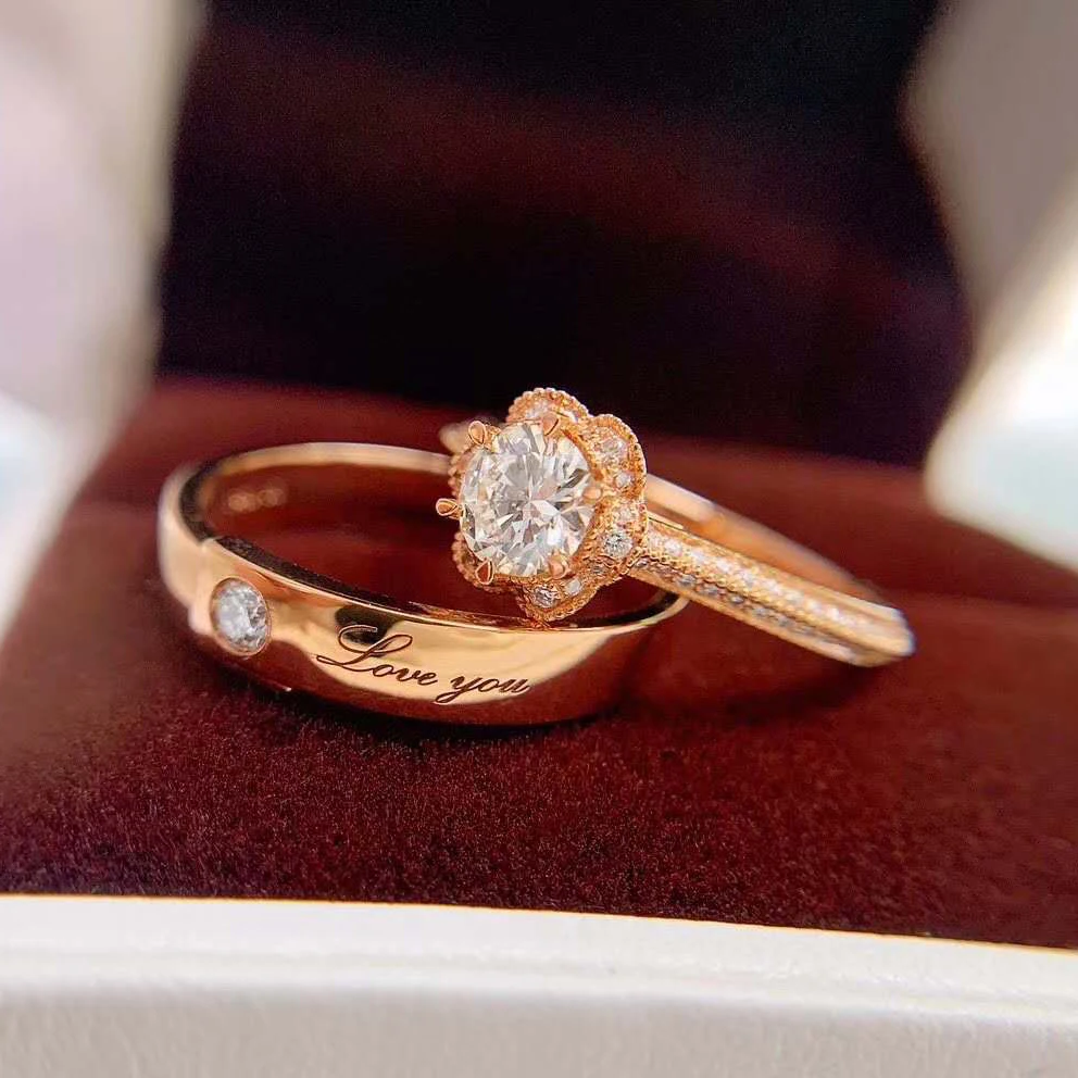 

Real Diamond Wedding Couple Rings Women Men Ring Set in18K Rose Gold