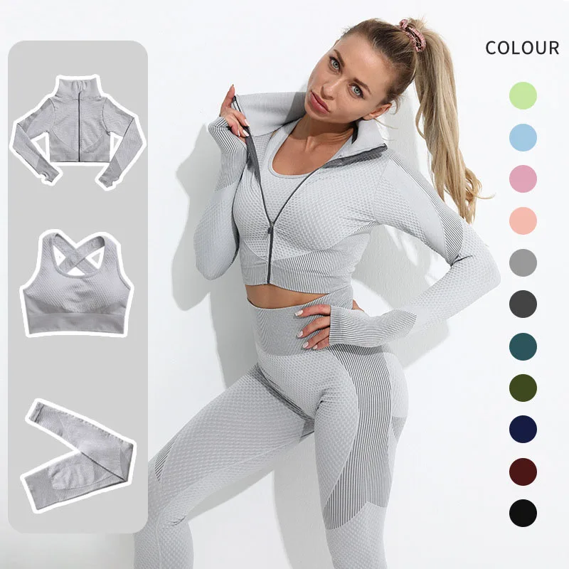 

Summer Women Breathable Sexy Leggings Seamless Smooth Stretch Fabric Yoga Corset Three Piece Leggings Set, 10 colors, as picture shown