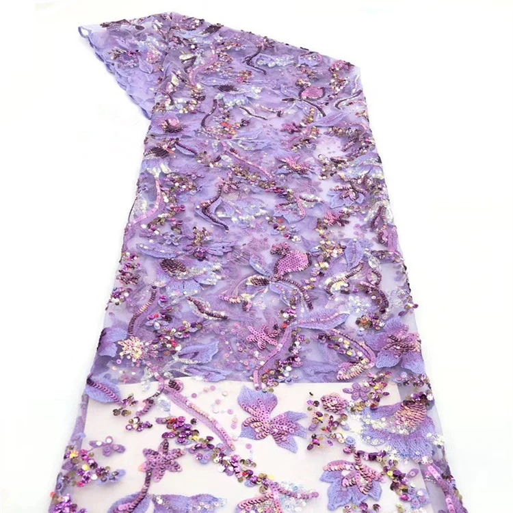 

Latest indian Design Purple Floral Pattern Sequin Tulle Lace Laser 100% Polyester Embroidery Net lace Fabric, Muti-color