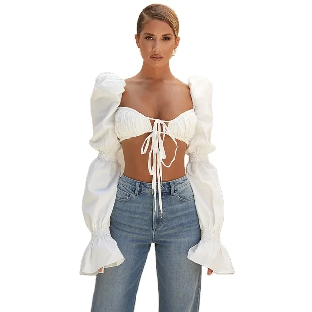 

Plain White Cotton Puff Long Sleeve Corset Tops Ruched Lace Up Blouse Women Crop Tops, As picture