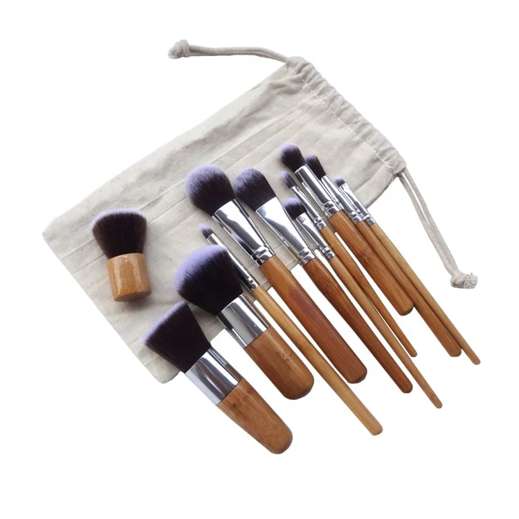 

MOQ 50 Sets Custom Your Own LOGO Professional Makeup Eco-friendly 11Pcs Bamboo Wood Handle Makeup Brushes, As picture