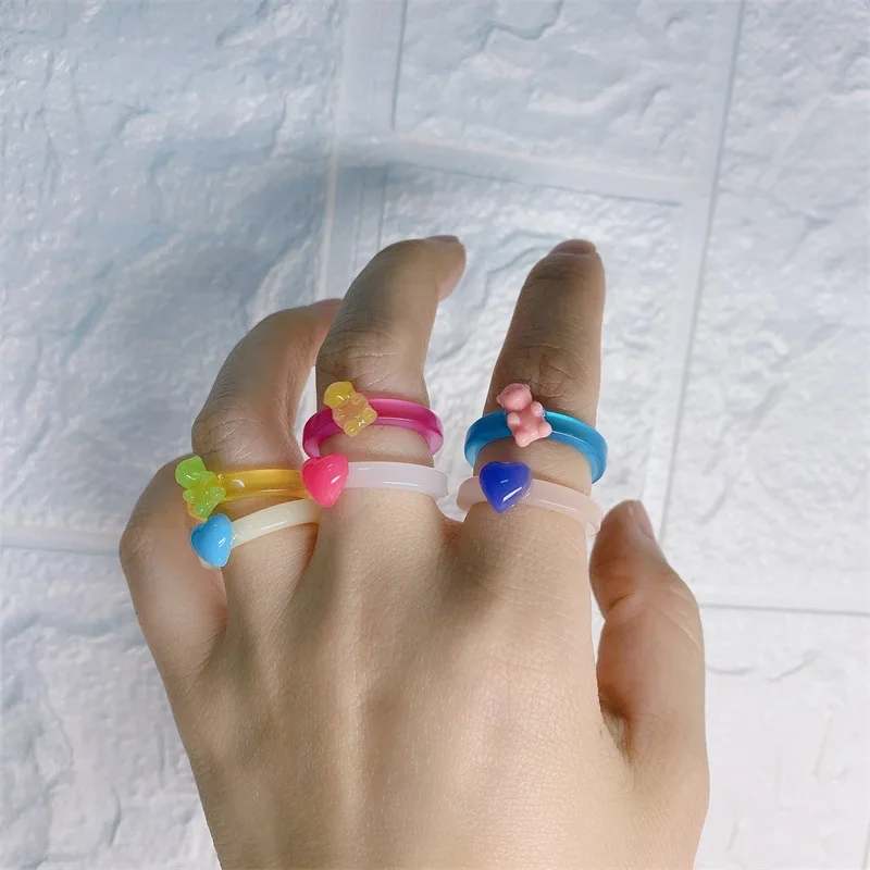

Ding yi New small cute sweet mini bear color mix and match fine ring ring ins net red love pink ring, Colorful