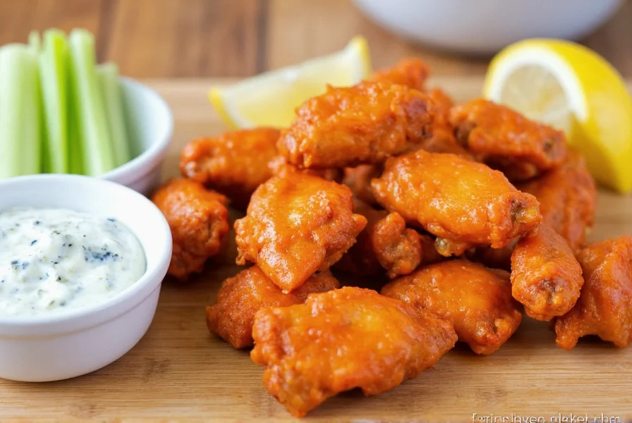 Lemon pepper buffalo wings served with celery sticks, blue cheese dressing, and lemon wedges on wooden board