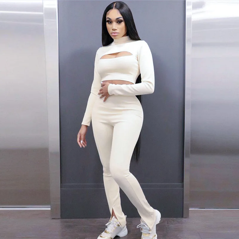 

Spring 2022 Long Sleeved T Shirt Womens 2 Piece Jogger Set Sexy Hollow Out Bodycon Active Wear Set, Picture color