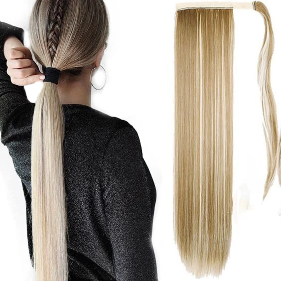 

Long Straight Extensions 613 Wrap Around Clip In Ponytail Hair Extension Heat Resistant Synthetic Pony Tail Fake Hair, Customized color
