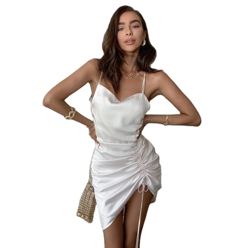 

European and American 2021 Summer New Women's White Backless Strap Pleating Dress Foreign Trade Wholesale