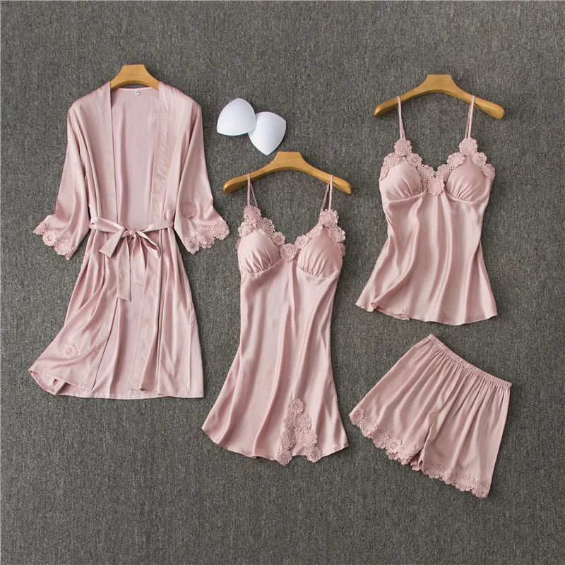 

Satin Sexy Lace Pajamas 4 pieces Set Pyjama Silk Homewear Spaghetti Strap Pijama Women Sleepwear with Chest Pads, 5 colors