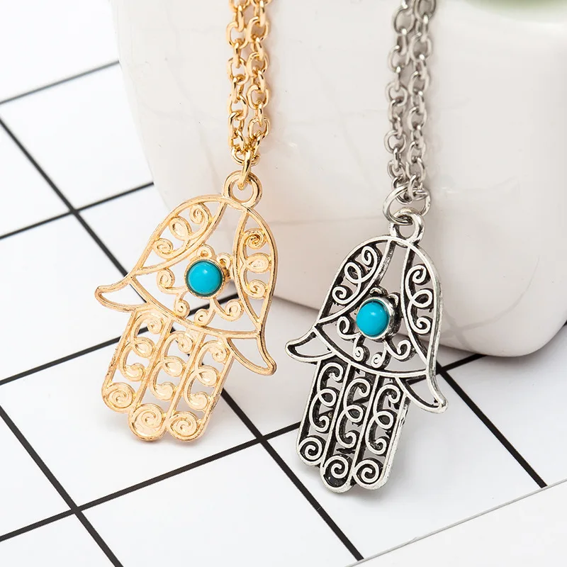 

Promotion Gifts Hamsa Hand Silver Gold Plated Necklace Fatima Turquoise Evil Eye Pendant Necklace