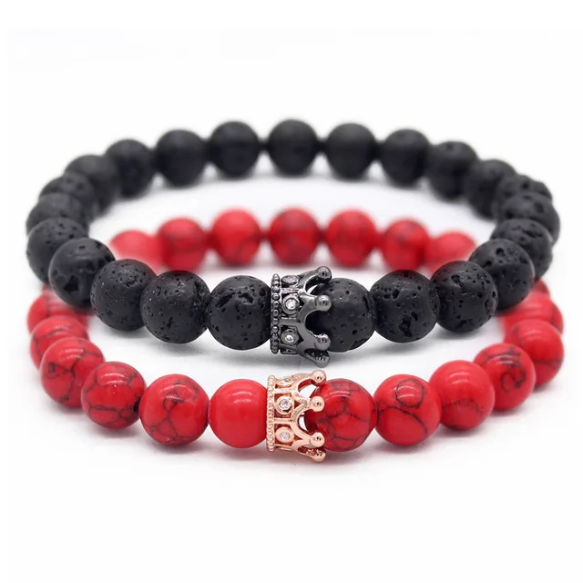 

Natural Stone Lava stone Bead Men Bracelets Bangle King Queen Couple Bracelet for Lovers King Queen Jewelry Manufacturer