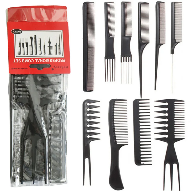 

Wholesale High Quality Salon Barber Hairdressing 10 pcs Massage Variety Gears Assorted Pack Plastic Hair Comb Set, Black, blue, yellow, red