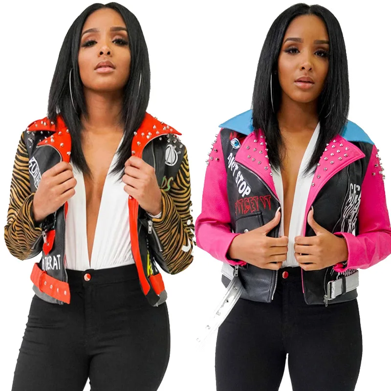 

Plus size Faux Leather Jacket coats Tiger Rivets Ladies Short Winter Coat Clothes For Women 2020