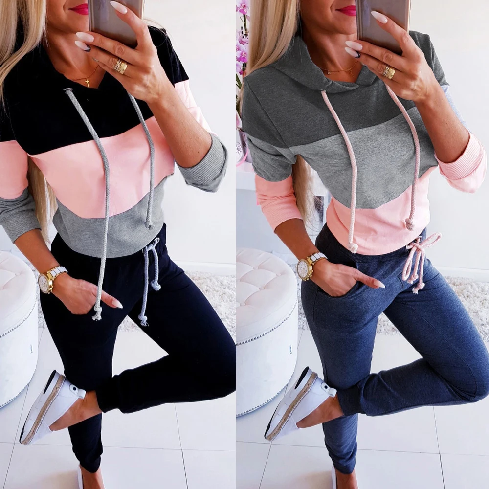 2019 New Fashion Women Colorblock Loose Long Sleeve Streetwear Pullover Hoodie
