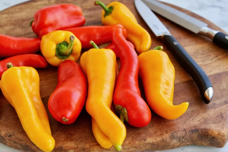 Fresh cubanelle peppers arranged on wooden cutting board with cooking utensils