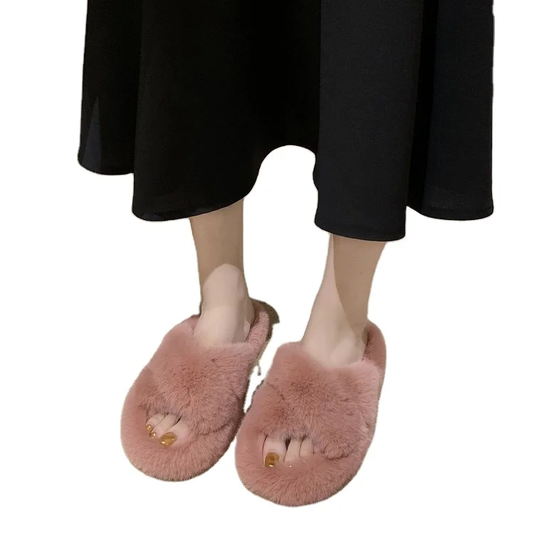 

Winter Warm Vegan Home Ladies Faux Fur Open Toe Slides Custom Luxury Cozy Fluffy Indoor Women fur Slippers, Picture