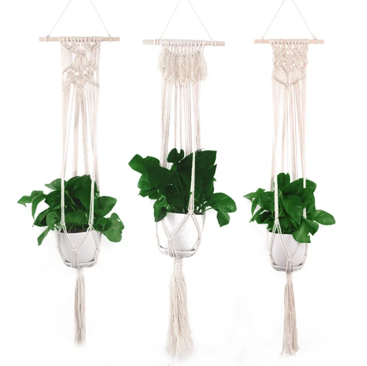 

AAA209 Ornament Cotton Linen Home Garden Lifting Flowerpot string bag Rope Basket Hanging Decor Macrame Knotted Plant Hanger, Multi colour