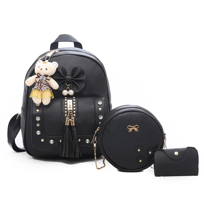 

2019 promotional fashion waterproof women leather 3 in one backpack sweet college lady travel backpack bag set, White gray,black,pink,etc