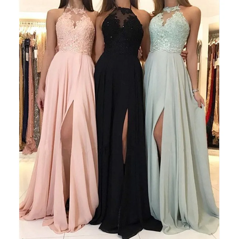 

Hot selling high quality long prom dress applique halter sleeveless split chiffon girls bridesmaid dresses, Khaki,black,pink,silver