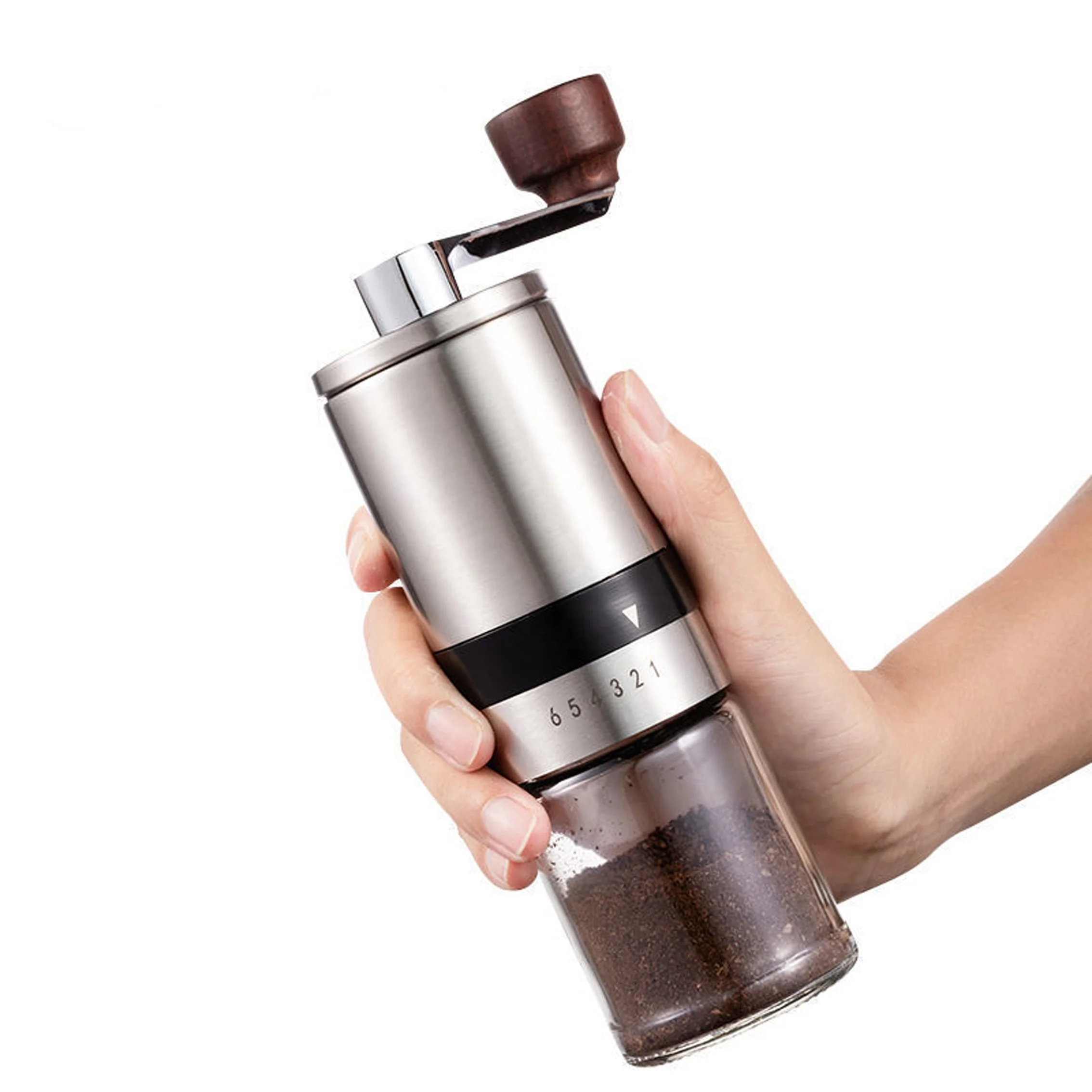 

Amazon Hot Sale 2021 New Stainless Steel Cordless Ceramic Burr Hand Carved Wooden Grinders Mini Portable Manual Coffee Grinder, Sliver