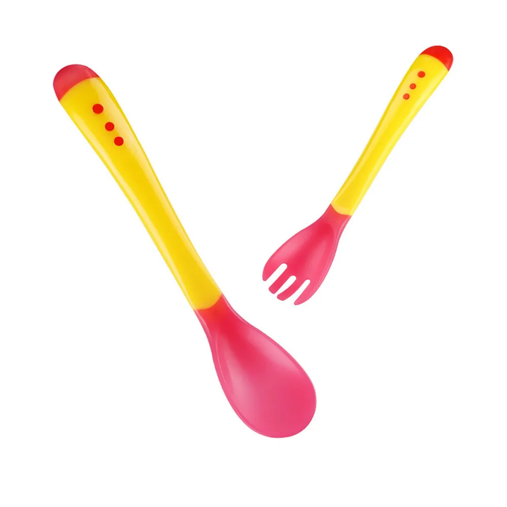 

Silicone Temperature Sensor Baby Spoon and Fork Set for Kids, Pink.yellow.blue
