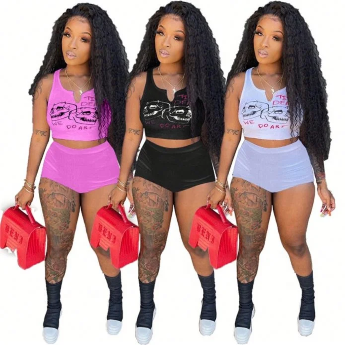 

GE9102-2021 summer woman printed rib leisure short 2 piece short set