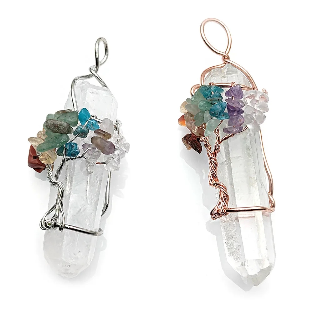 

Wire Wrapped Stone Chips Life Tree Energy Stone Pillar Natural Crystal Quartz Healing Chakra Pendant, Clear