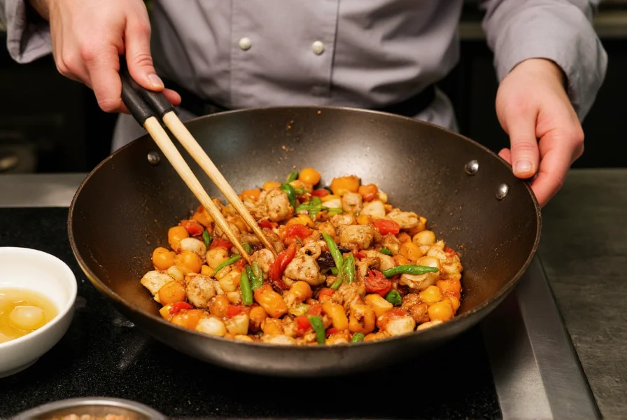 Chef preparing stir-fry with garlic chili sauce in wok