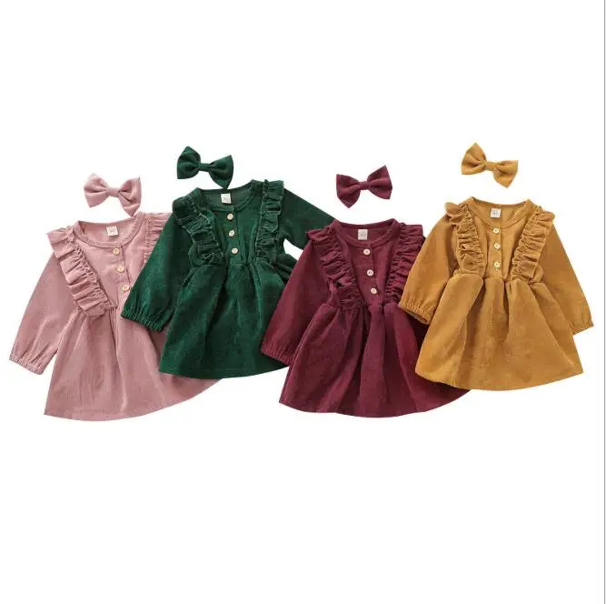 

Princess Dresses Bowknot hairpin Infant Long-Sleeved Dress Toddler Baby Lace Corduroy Girls Dresses, 4 colors
