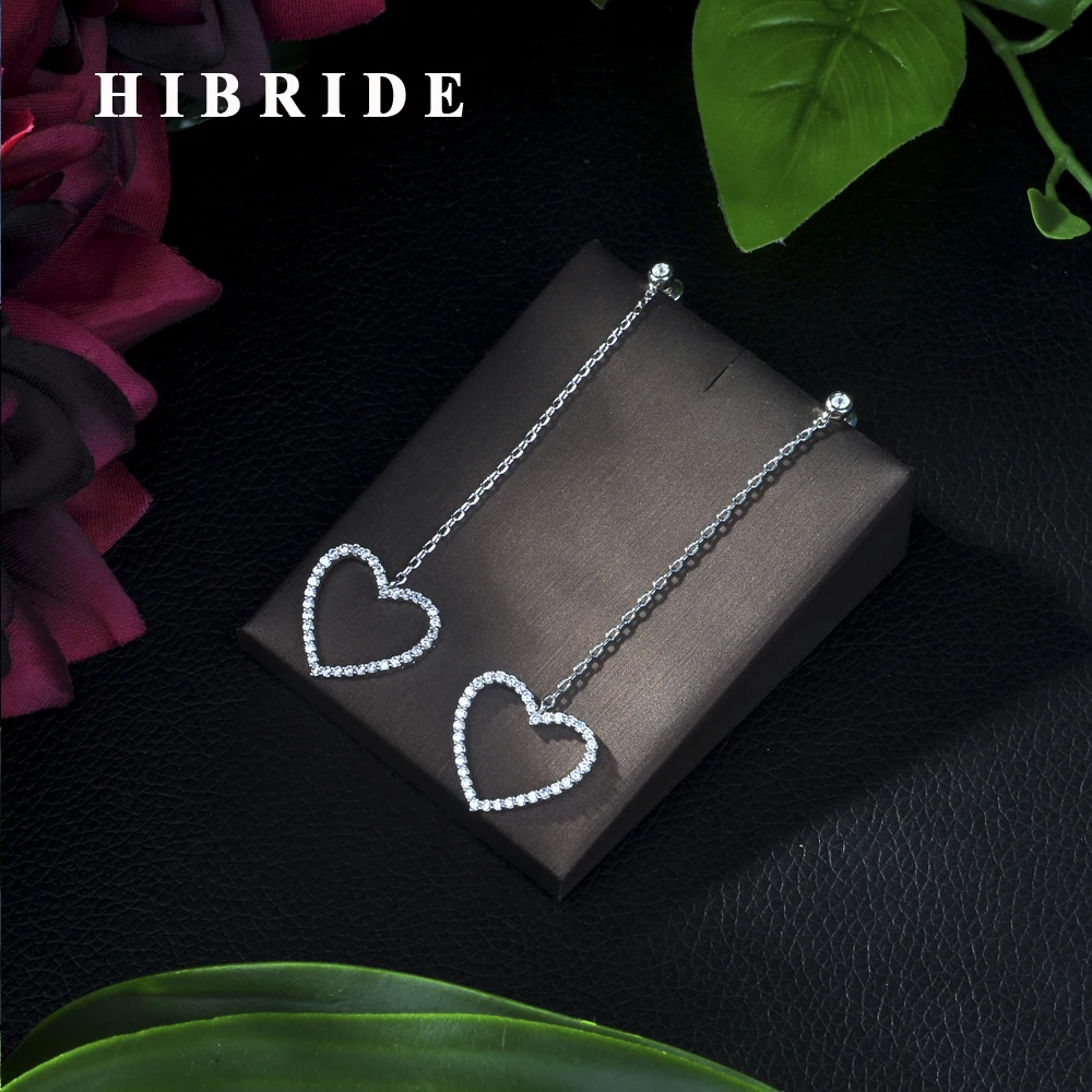 HIBRIDE Cute Big Heart Shape Flower 2019 New Design CZ Crystal Large White Bridal Long Dangle Earrings for Women Wedding E-255
