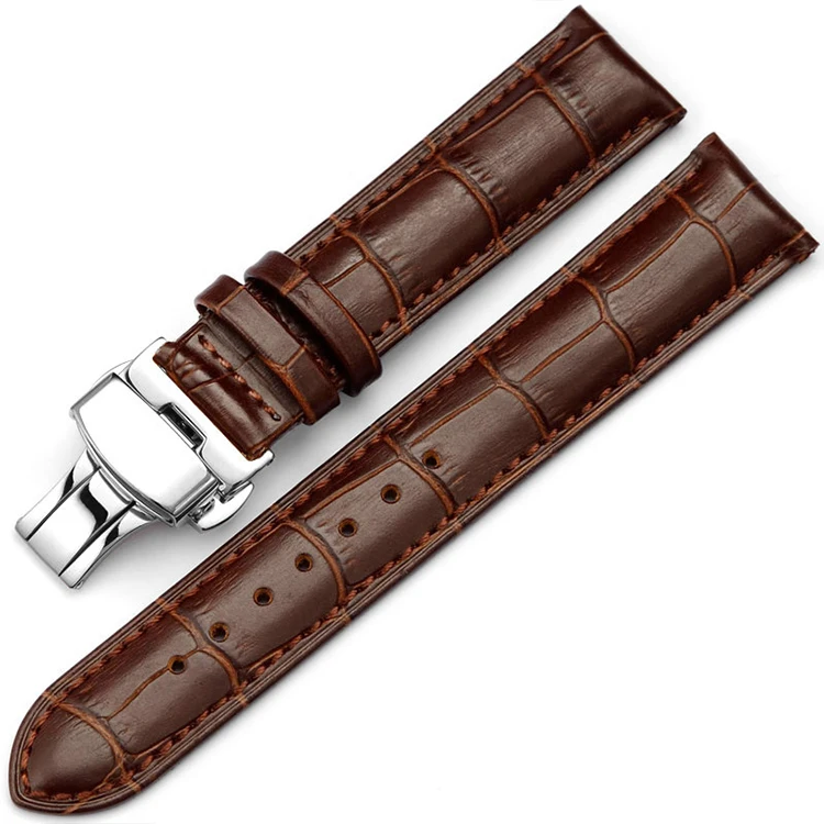 

in stock supply watch accessories leather watch strap rose gold with double press butterfly buckle for sale, Black leather / brown leather, with silver / gold/ rose gold buckle