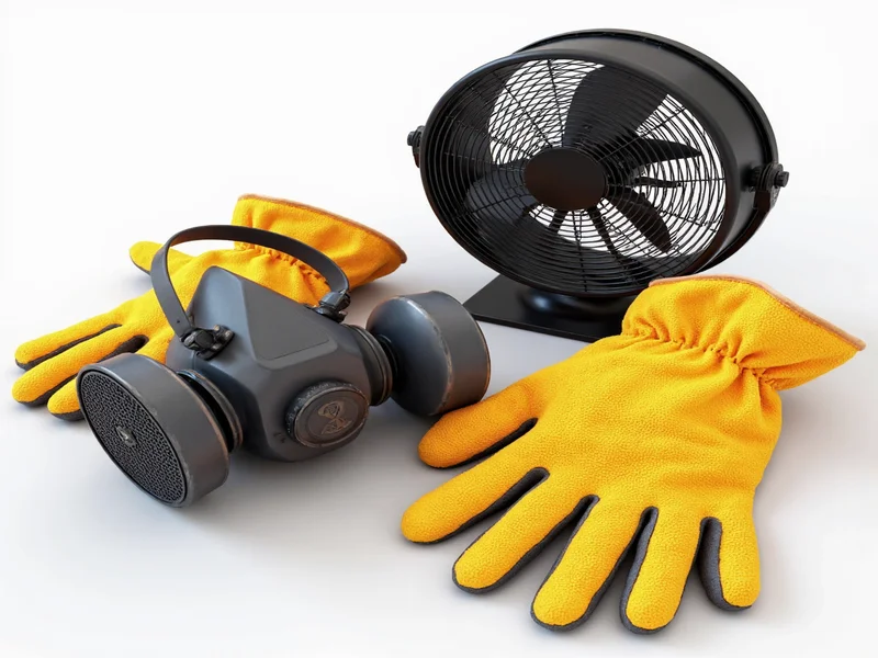 Resin safety gear setup with gloves respirator and fan