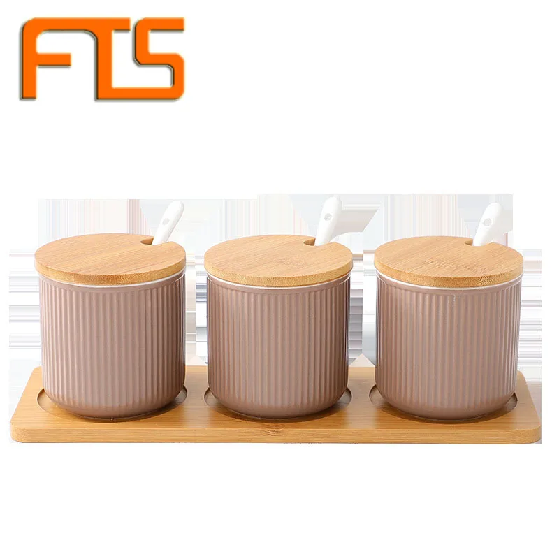 

FTS container round salt storage seasoning set condiment wholesale ceramic kitchen bamboo lid spice jar