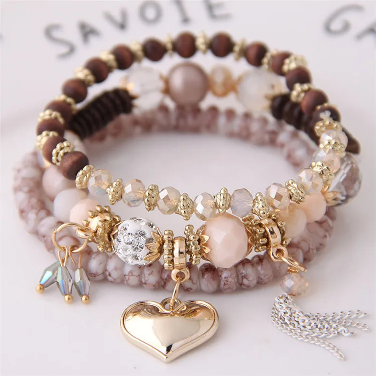 

Foreign Trade Tassel Creative Round Love Bead Bracelet Retro Fashion Multi-Piece Ethnic Style Bracelet, Silver,gold or custom