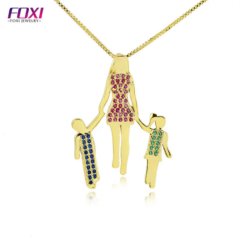 

FOXI Mother's Day Gift Mom Crystal Heart Pendant Necklace Luxury Gold Plated Mom with Kid Zircon Drop Necklace