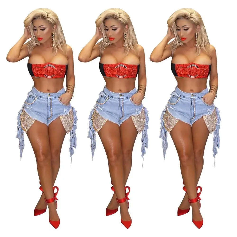 

Latest Design Women Sequin Pockets Denim Shorts Ripped Jeans Shorts Club Wear Dresses