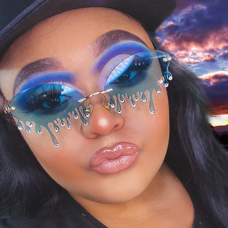 

Lucky MN16076-1 Fashion Tear Shape Diamond Sun Glasses Rimless Teardrop Dripping Rhinestones Sunglasses