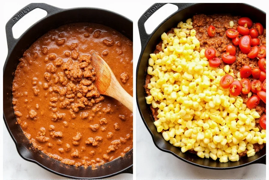 Step-by-step preparation of homemade chili mac and cheese showing layered ingredients in cast iron skillet