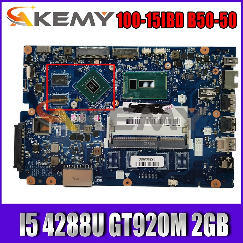 

Akemy For Ideapad 100-15IBD B50-50 Brand New Motherboard NM-A681 I5 4288U CPU GT920M 2GB GPU Tested Ok FRU 5B20M97359