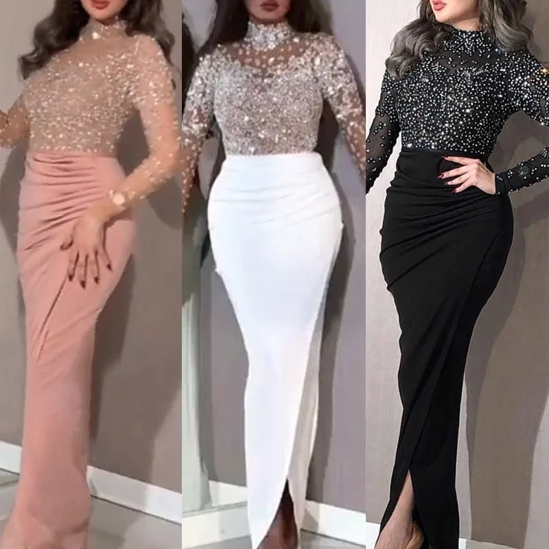 

Mesh stitching sequins high waist long sleeve Women Long Wear Sequin Fabric Cheap evening Party dress, Different colors