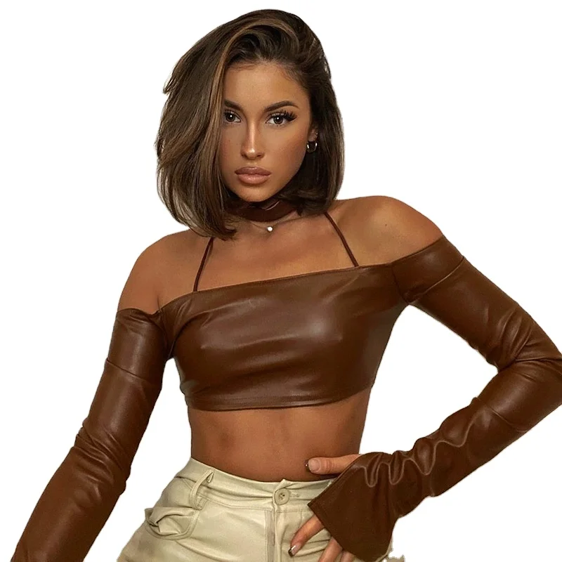 

Trend products 2021 spring new style halter neck split long sleeve sleeve one-shoulder leather top, Picture