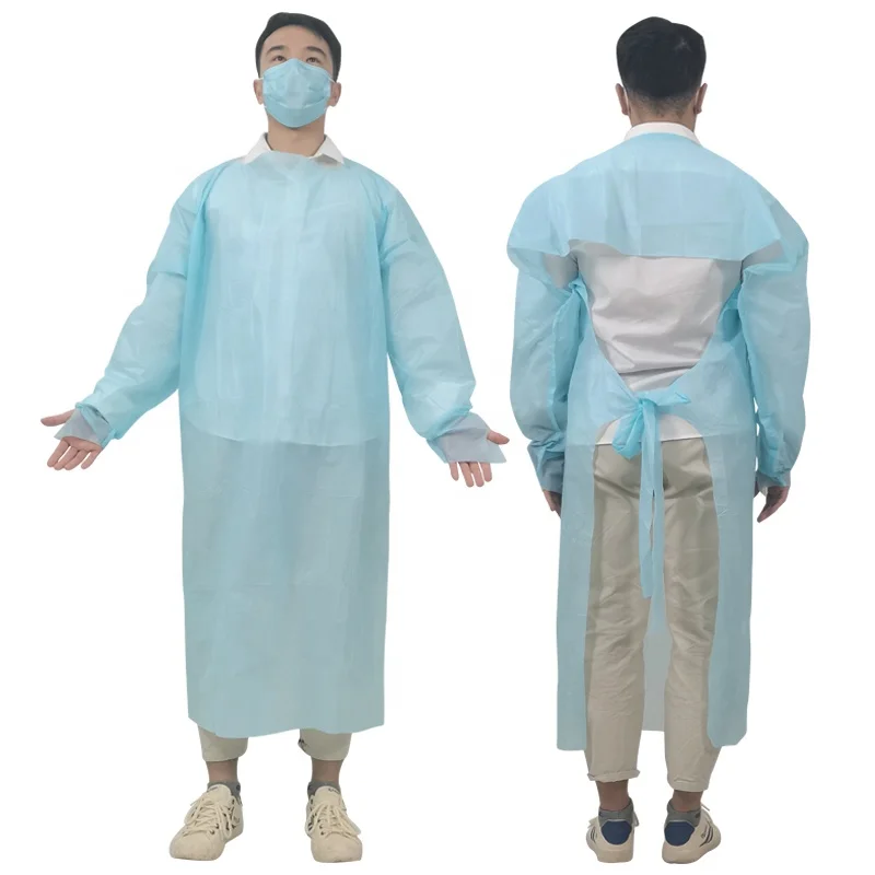 

In stock ! EN14126 Disposable CPE LDPE PP PE plastic apron gown aami level 2 with waterproof CPE gown for Medical & industry