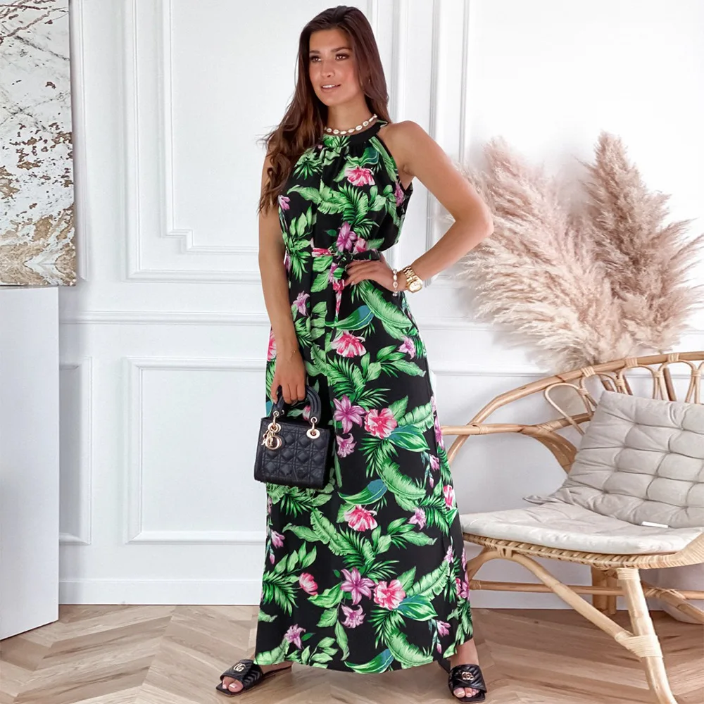 

2022 Summer Halter Floral Print Boho Beach Maxi Dresses with Belt, Green, white, red, black