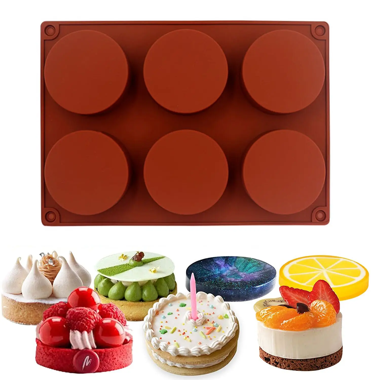 

Non Stick 6 Holes Small Size Round Shape Silicone Soap Mold For Cake Baking Tools Pastry Cupcake Soap Mold, Brown