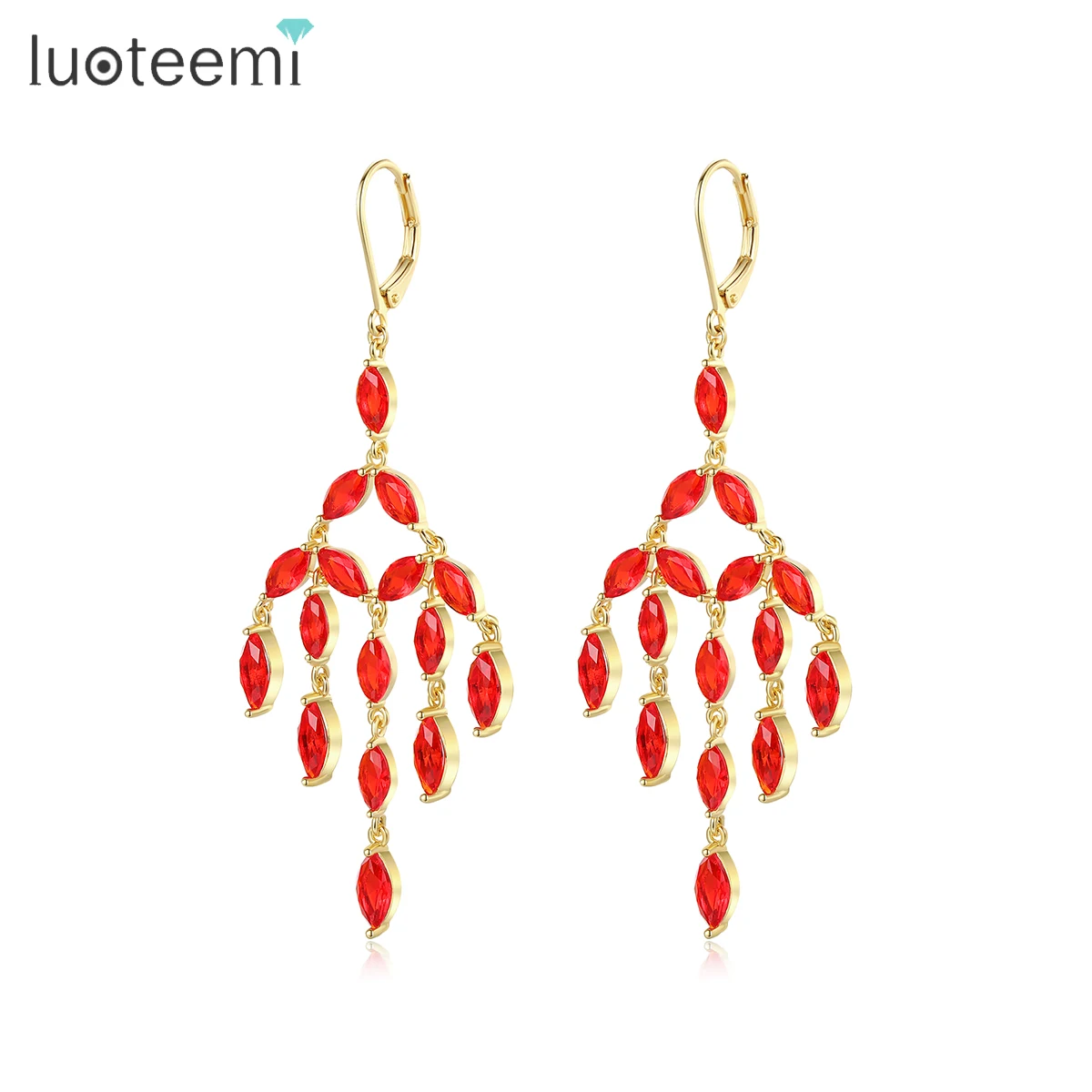 

LUOTEEMI Fashion Large Big Red Drop Luxury Chinese Bridal Woman Charm Tassel Jewellery Earing Dangle Earring Crystal