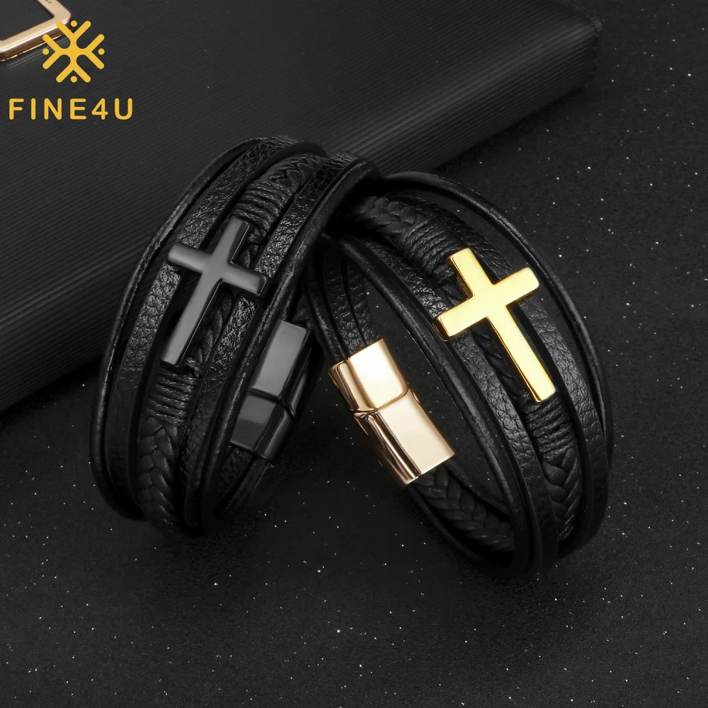 

Unisex Men'S Jewelry Vintage Handmade Multi Layer Braided Magnetic Clasp Cross Leather Bracelet