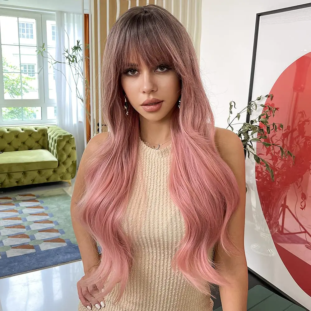 

Pink Wig with Bangs for Women Long Wavy Pink Ombrer Daily Party Heat Resistant Wigs