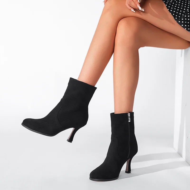 

sh11472a High-heeled winter boots women 2021 new thin heel short boots for office ladies